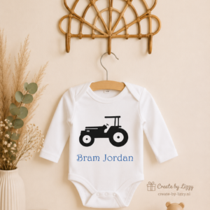 Gepersonaliseerde babyromper met naam, tekst en afbeelding naar keuze