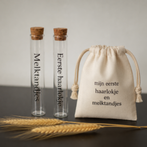 Bewaarset haarlokje en melktandjes met glazen bewaarbuisjes en katoenen zakje van Create by Lizzy