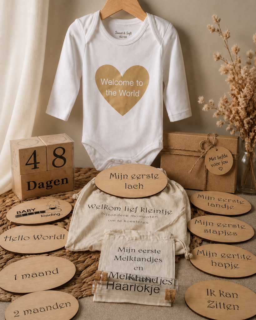 Luxe babyshower cadeaupakket met romper en houten mijlpaalkaarten
