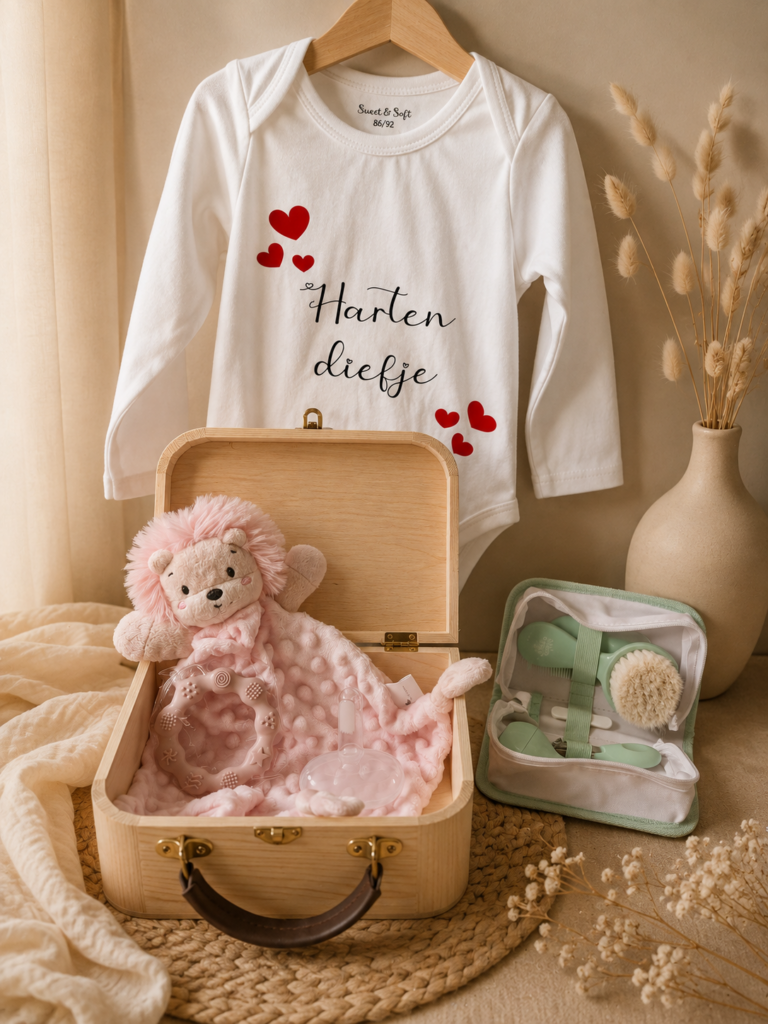 Kraampakket Luxe met houten koffertje, romper en babycadeaus