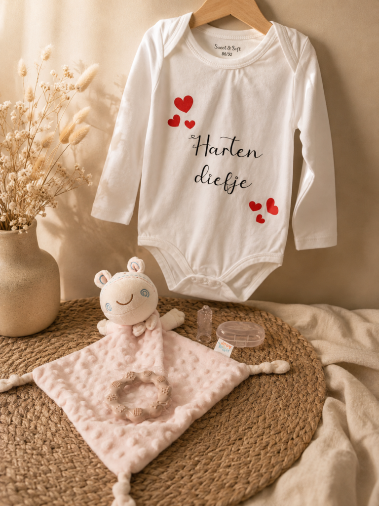 Kraampakket voor meisje met romper Harten diefje, roze knuffeldoekje en bijtring