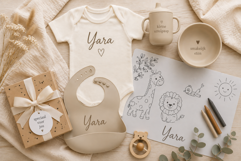 Gepersonaliseerde babycadeaus van Create by Lizzy met romper, eerste hapjes set en herinkleurbare placemat.