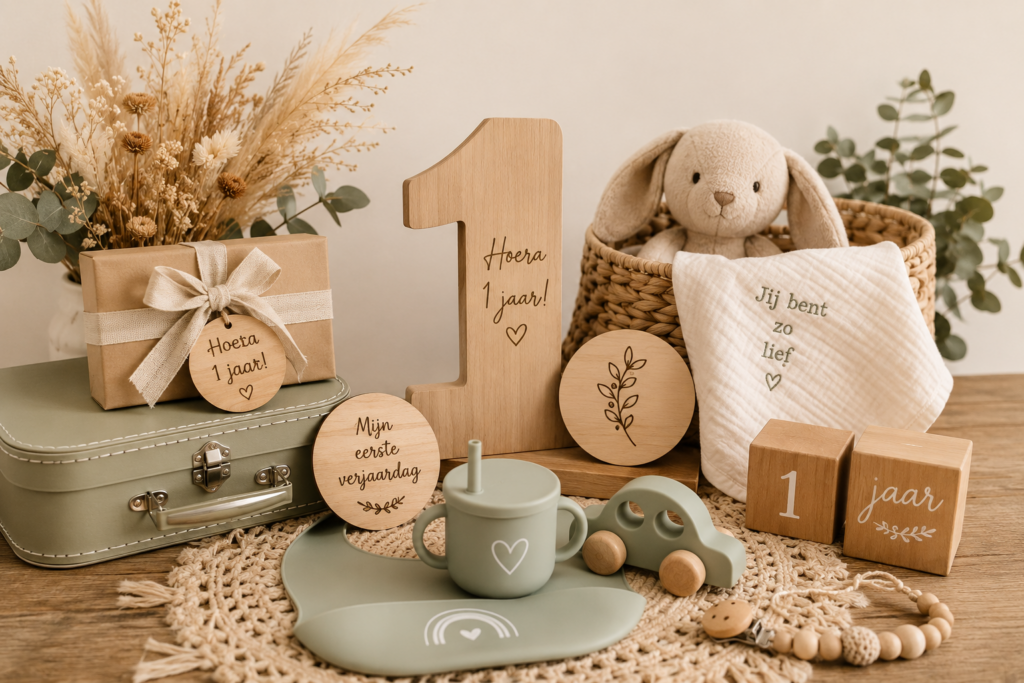 Cadeau voor eerste verjaardag met houten cijfer 1 en babycadeaus