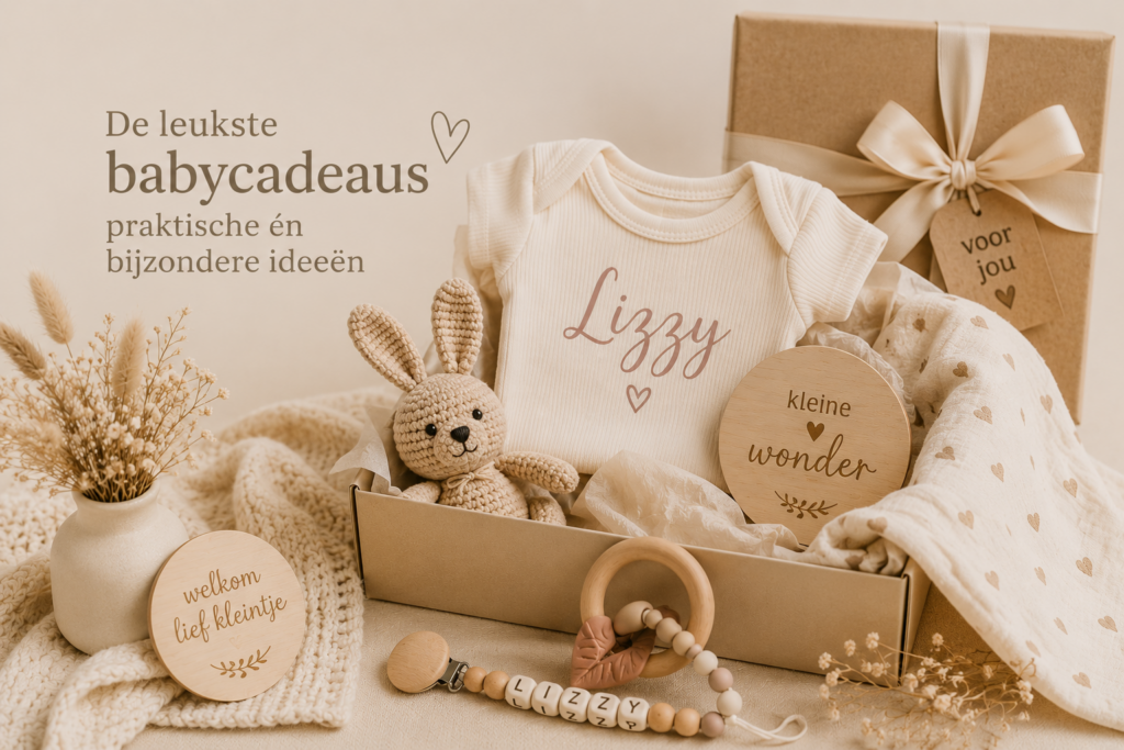 Warme sfeerfoto van een gepersonaliseerd babycadeau met rompertje en houten herinneringsproducten