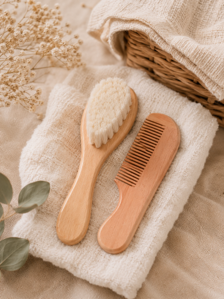 Houten baby borstel en kam set naturel