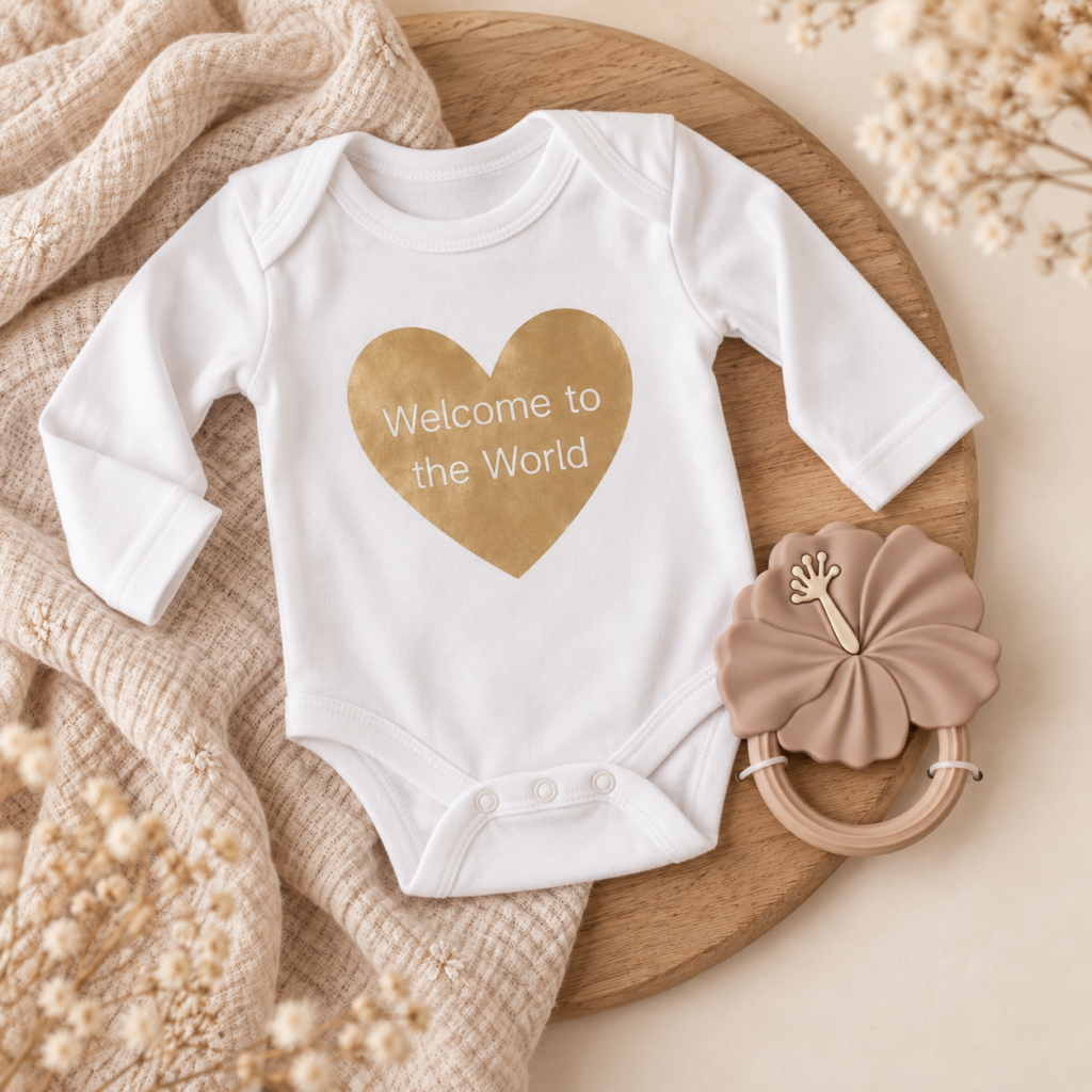 Klein kraamcadeau met Welcome to the World romper en siliconen bloemenbijtring