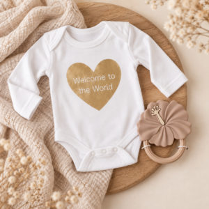 Klein kraamcadeau met Welcome to the World romper en siliconen bloemenbijtring