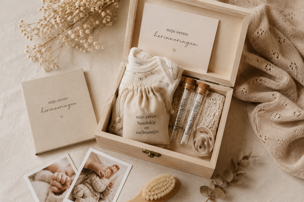 Babyherinneringen bewaren in een houten herinneringsdoos