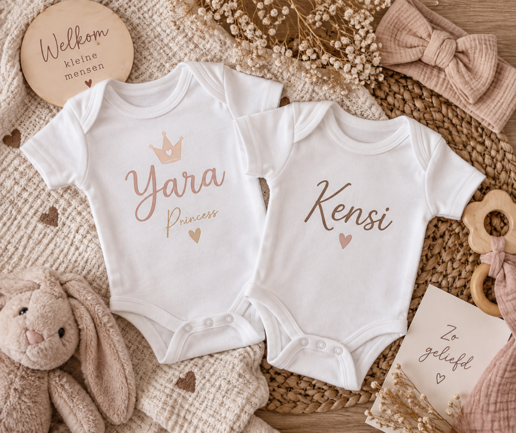 Persoonlijk kraamcadeau voor een tweede kindje met gepersonaliseerde rompers