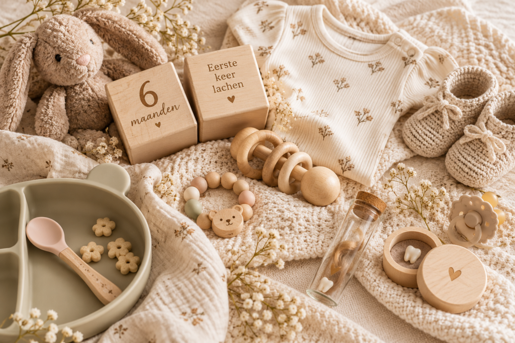 Baby mijlpalen eerste jaar met babyproducten en houten mijlpaalblokken