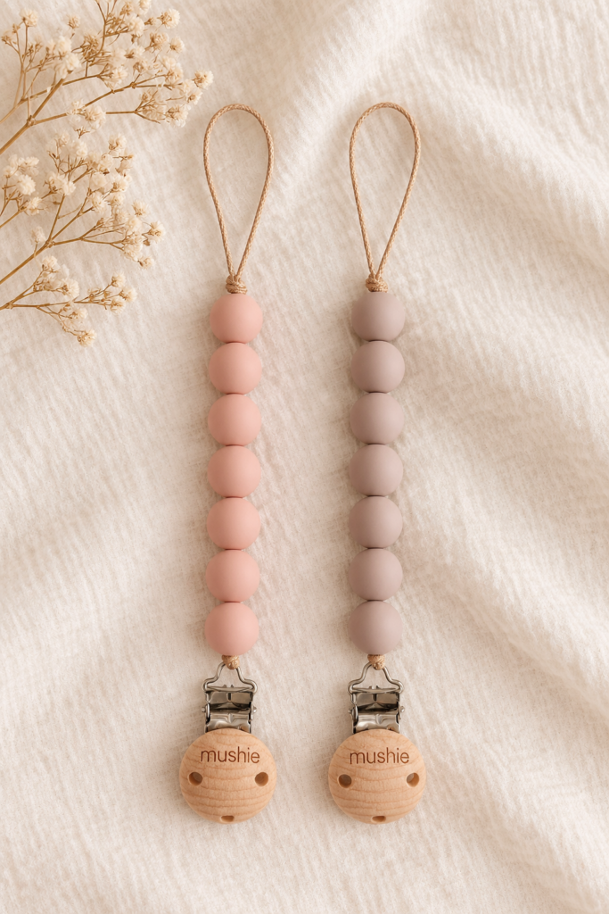 Mushie Speenclip Halo in Blush en Pale Taupe